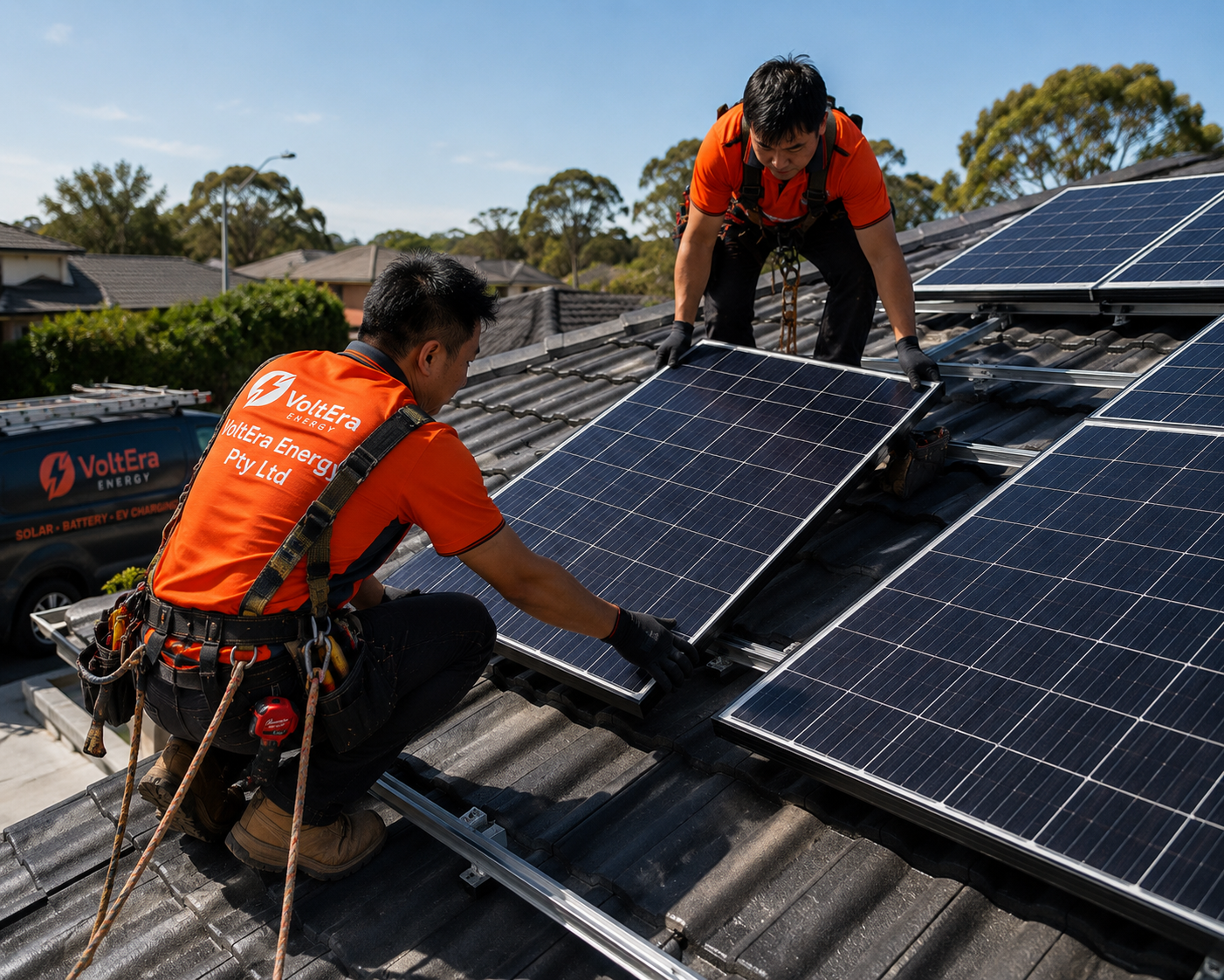 VoltEra Energy installers fitting solar panels on a tiled roof